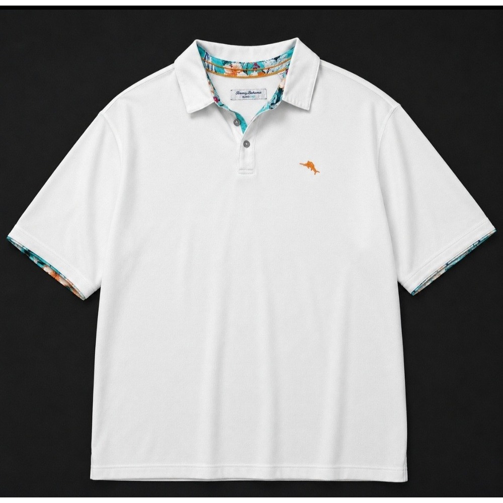 Tommy Bahama IslandZone Mens 2XLB White Pique Polo Shirt Tropical Floral Trim